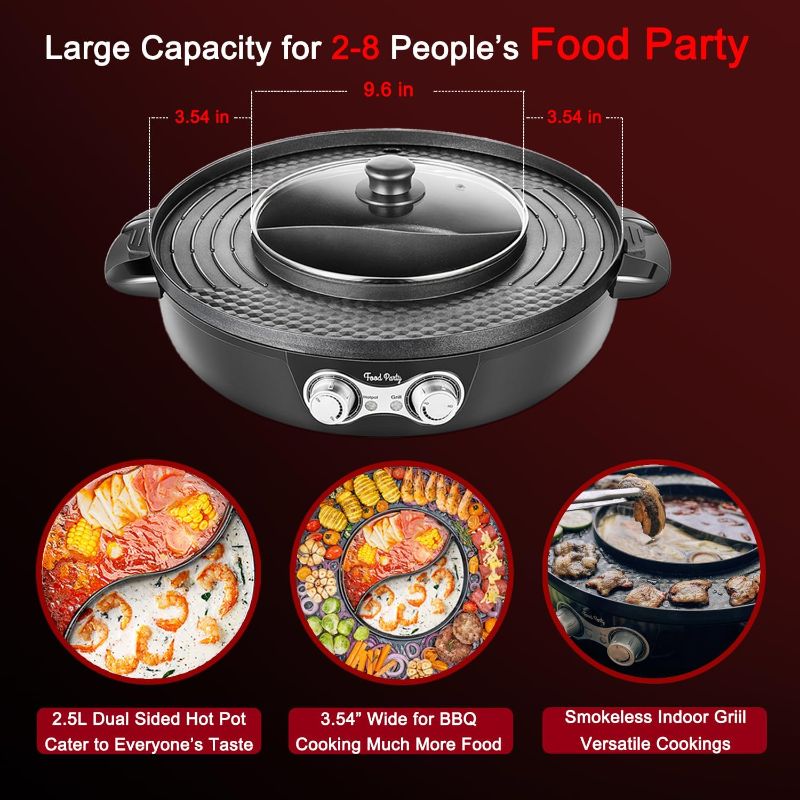 Photo 2 of Food Party DUO Electric Smokeless Grill and Hot Pot, With Separable Cooking Plate, Deluxe Combo of 1 Recipe Book, 1 Tong, 1 Oil Brush, 1 Pack of Parchment Paper, for Hotpot KBBQ, Barbecue & Grill
