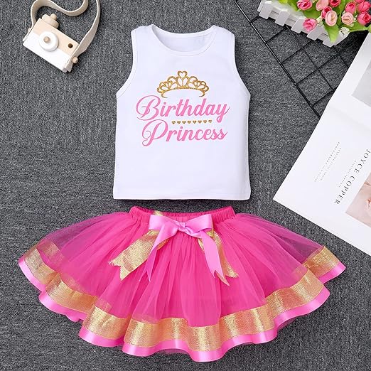 Photo 1 of IBTOM CASTLE Toddler Baby Girl Princess Birthday Party Dress Sleeveless Printed Vest Tops+Tulle Tutu+Flower Crown Outfit
