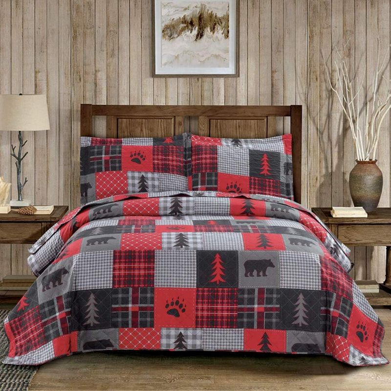 Photo 1 of Junsey Rustic Bear Quilts Set King Size,Lightweight Plaid Bedspread Coverlet Rustic Lodge Bedding Forest Tree Bed Sheet with Pillswshams (Red Black Gray, King)
