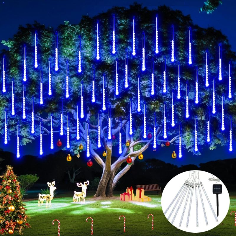 Photo 1 of JMEXSUSS Solar Christmas Lights Outdoor Waterproof, Blue Solar Meteor Shower Rain Lights, 8 Tube 144 LEDs Solar Icicle Tree Lights for Halloween Yard Party Patio Xmas Decoration
