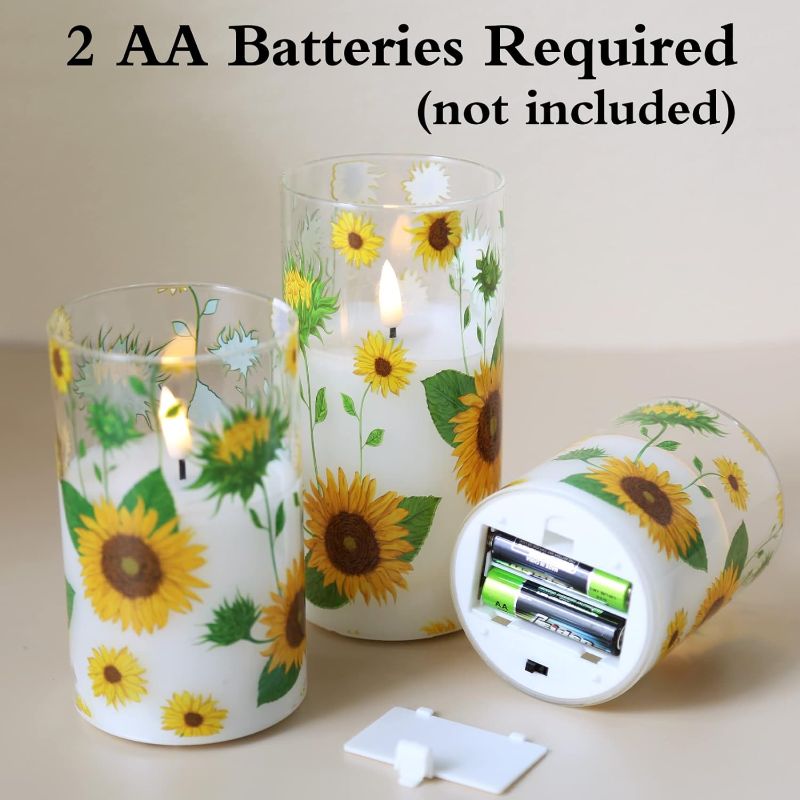 Photo 1 of Girimax Sunflower Glass Flameless Candles with Remote, Battery Operated Flickering LED Pillar Candles Set of 3
