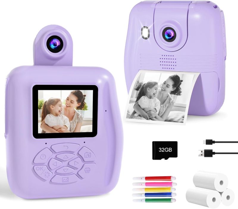 Photo 1 of Instant Print Camera - PROGRACE Kids Camera Toy 1080P HD Print Photo Christmas Birthday Gifts for Girls Boys 4 5 6 7 8 9 10 Year Old with 32GB TF Card, Purple

