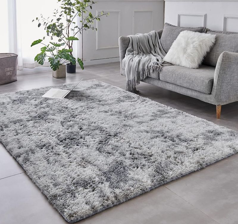 Photo 1 of TABAYON Luxury Shag Area Rug, 3x5 Feet Tie Dyed Light Grey Rectangle Plush Fuzzy Rugs, Non-Slip Shaggy Furry Carpets for Kids Room Bedroom
