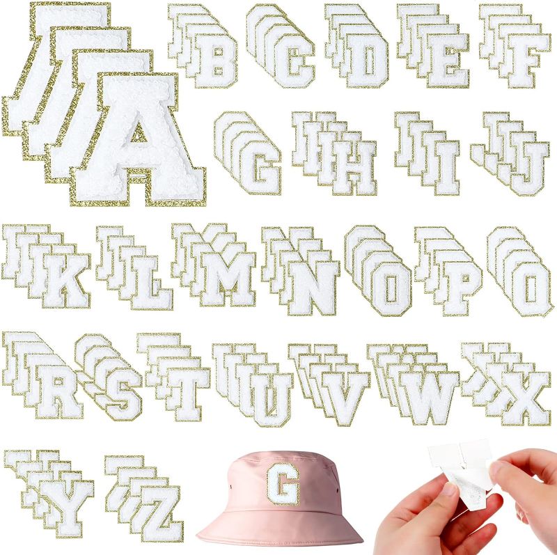 Photo 1 of 156 Pieces Chenille Letter Patches Varsity Letter Patches Self Adhesive Gold Letter Iron on Letters Embroidered Trimmed Preppy Alphabet Patches for Clothing DIY Repairing Craft Fabric (White)
