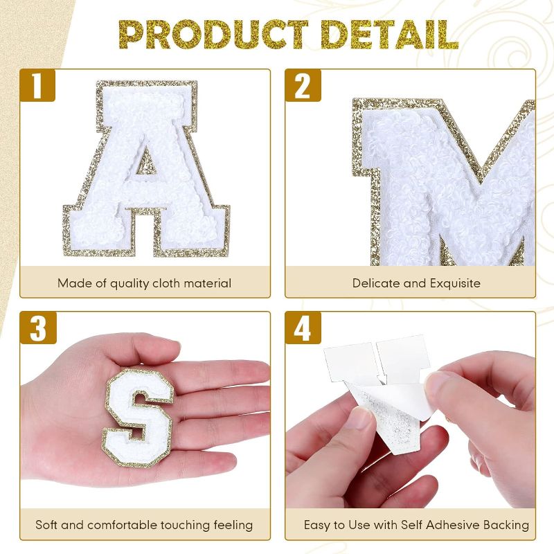 Photo 3 of 156 Pieces Chenille Letter Patches Varsity Letter Patches Self Adhesive Gold Letter Iron on Letters Embroidered Trimmed Preppy Alphabet Patches for Clothing DIY Repairing Craft Fabric (White)
