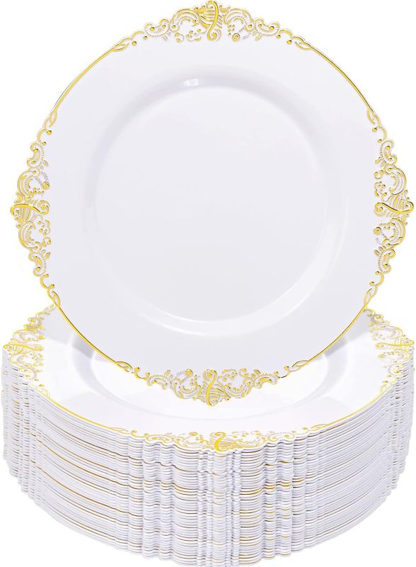 Photo 1 of Nervure 100PCS White and Gold Plastic Plates - 10.25Inch Gold Disposable Plates - Heavyweight Gold Dinner Plates for Wedding & Party
