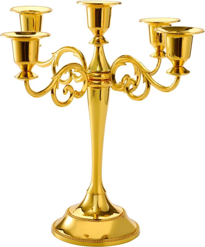 Photo 1 of YOUEON Gold 5 Arms Candelabra, 10.4 Inch Metal Tall Candelabra Candle Holder Candlestick Holder for 1 Inch Diameter Pillar Candles, Taper Candle Holder, Candelabra Decoration, Wedding

