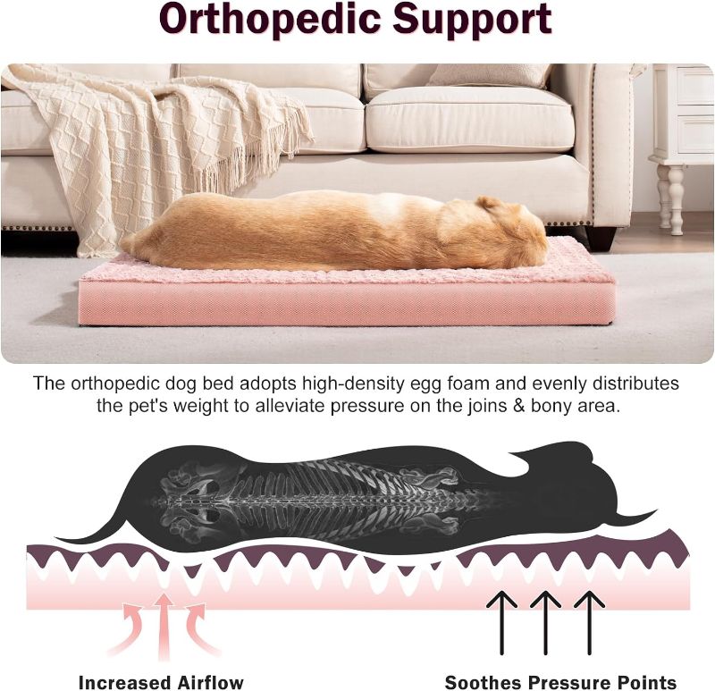 Photo 2 of JOEJOY Orthopedic Dog Bed for Medium Small Dogs, Egg-Crate Foam Dog Bed with Removable Waterproof Cover, Soft Rose Plush Pet Bed Mat with Non-Slip Bottom, Machine Washable 30x20 Inch, Pink
