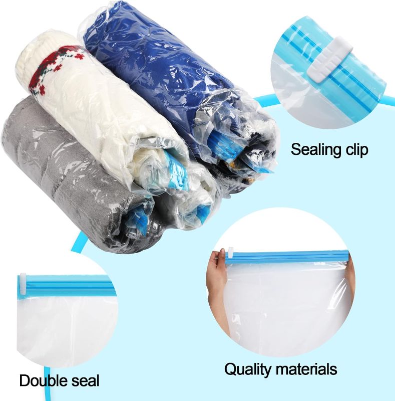 Photo 2 of 20 Pack Travel Roll Up Storage Bags with Double Zip Seal Compression Bags for Travel Space Saver Bags for Packing Luggage Clothes 8 x XL, 8 x L, 8 x S, Vacuum Seal Storage Bags Without Pump for Travel
