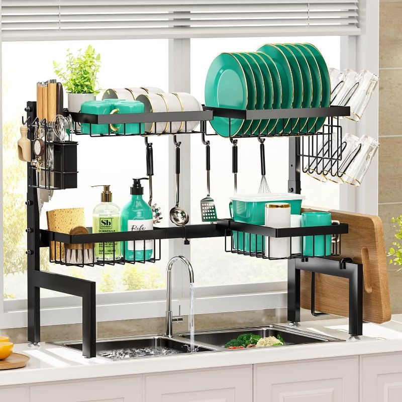 Photo 1 of MOUKABAL Over The Sink Dish Drying Rack -Adjustable Over Sink Dish Rack- Length(23.6"-34.6")-Space-Saving -Multifunctional Over The Sink Dish Drainer Drying Rack for Kitchen Counter-Metal,Black
