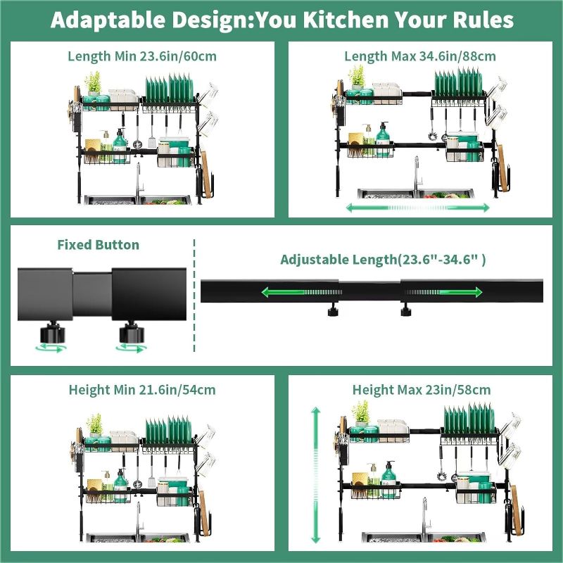 Photo 2 of MOUKABAL Over The Sink Dish Drying Rack -Adjustable Over Sink Dish Rack- Length(23.6"-34.6")-Space-Saving -Multifunctional Over The Sink Dish Drainer Drying Rack for Kitchen Counter-Metal,Black
