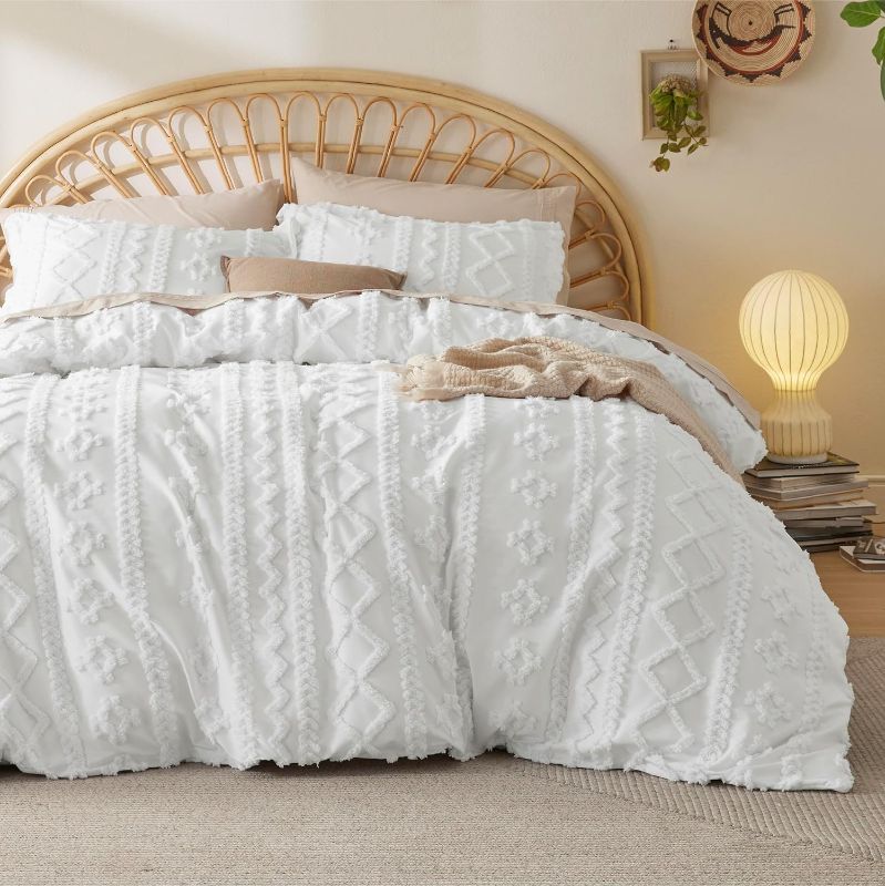Photo 1 of Bedsure Boho Duvet Cover Queen - Tufted Duvet Cover Queen Size for All Seasons, 3 Pieces Soft Shabby Chic Embroidery Boho Bedding Duvet Cover (White, Queen, 90x90)
