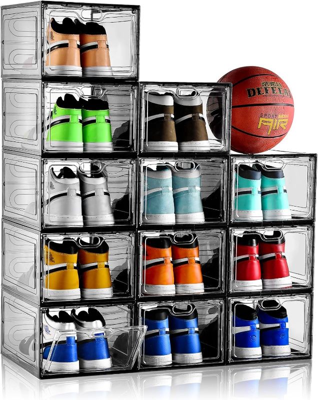 Photo 1 of INSTY 12 Pack Transparent Shoe Storage Organizer, Stackable Shoe Boxes for Closet, Drop Front Plastic Shoe Box with Grey Door, Easy to Assemble, Fit up US Size 12(13.4”x 9.8”x 7.1”)
