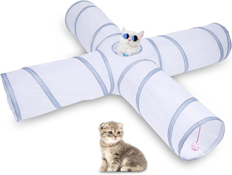 Photo 1 of EGETOTA Cat Tunnel for Indoor Cats Large, 4 Way Collapsible Tubes with Play Ball, Kitty, Kitten, Rabbit Toys Sport Pet Tunnels, Pop Up Design (White & Grey)
