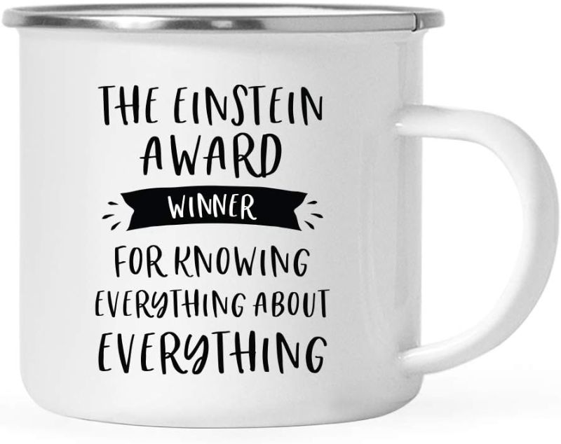 Photo 1 of Andaz Press 11oz. Stainless Steel Campfire Coffee Mug Funny Coworker Office Award Winner Prize Gag Gift, The Einstein Award Winner, for Knowing Everything About Everything, 1-Pack
