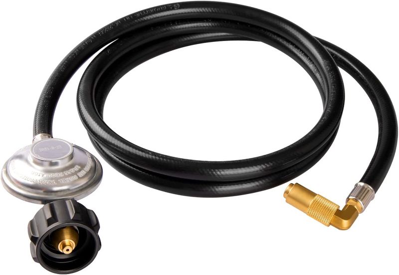 Photo 1 of DOZYANT 6 Feet Propane Regulator and Hose with Elbow Adapter for Blackstone 17 inch and 22 inch Table Top Griddle, Replacement Parts Connect to Large 20 Propane Tank
