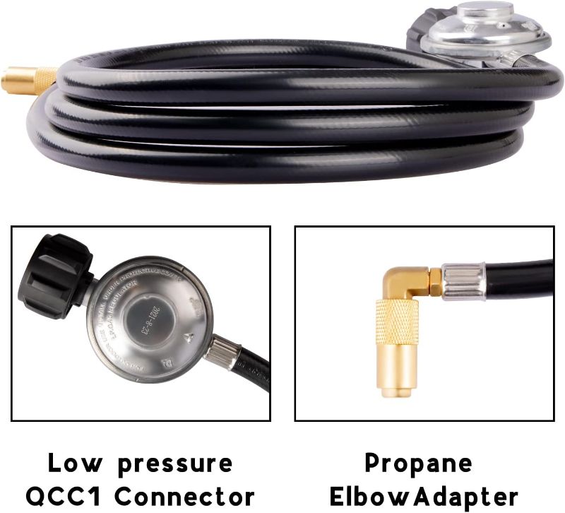 Photo 2 of DOZYANT 6 Feet Propane Regulator and Hose with Elbow Adapter for Blackstone 17 inch and 22 inch Table Top Griddle, Replacement Parts Connect to Large 20 Propane Tank
