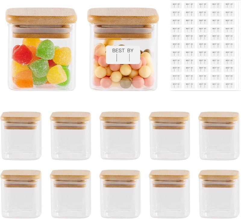 Photo 1 of D2scrma 4oz Airtight Square Spice Containers with Bamboo Lid Set of 8 with Black Lables Storage Stackable Spice Jar, Kitchen Canister for Sugar, Tea, Flour, Salt and Seasonings (?Clear Glass)
