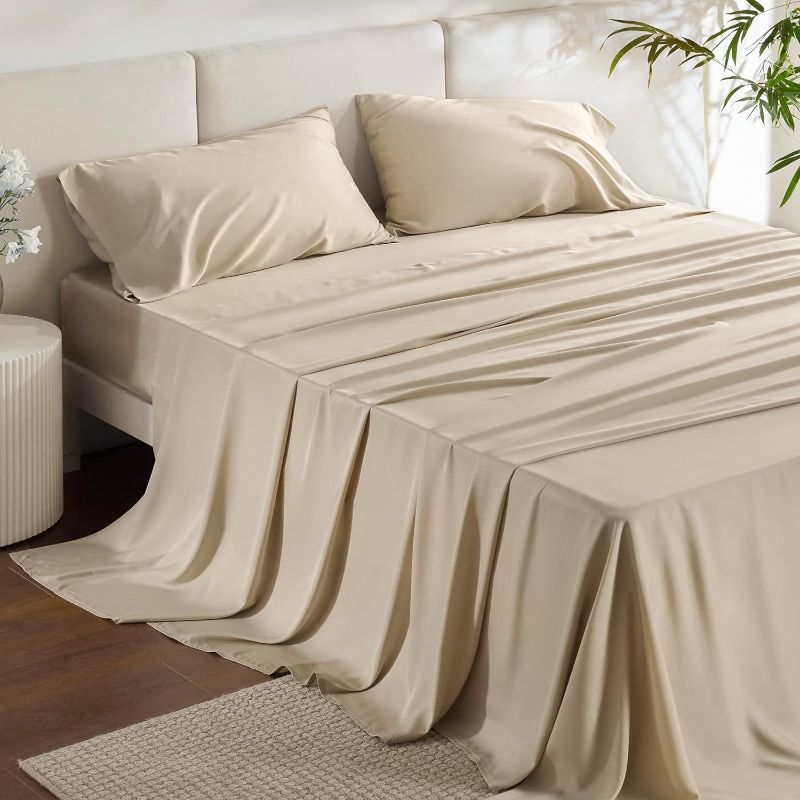 Photo 1 of Bedsure Queen Sheets, Rayon Derived from Bamboo, Queen Cooling Sheet Set, Deep Pocket Up to 16", Breathable & Soft Bed Sheets, Hotel Luxury Silky Bedding Sheets & Pillowcases, Beige
