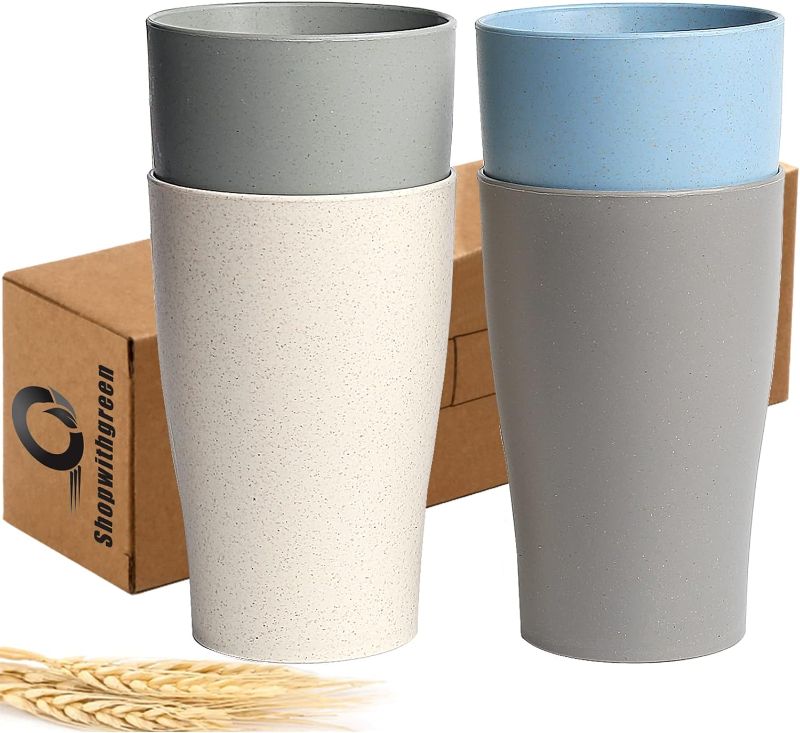 Photo 1 of shopwithgreen 4 PCS Unbreakable Reusable Drinking Cups (13.5 OZ), Tea Juice Coffee Cup Wheat Straw Plastic Tumbler Set 4-Multicolor, Dishwasher Safe
