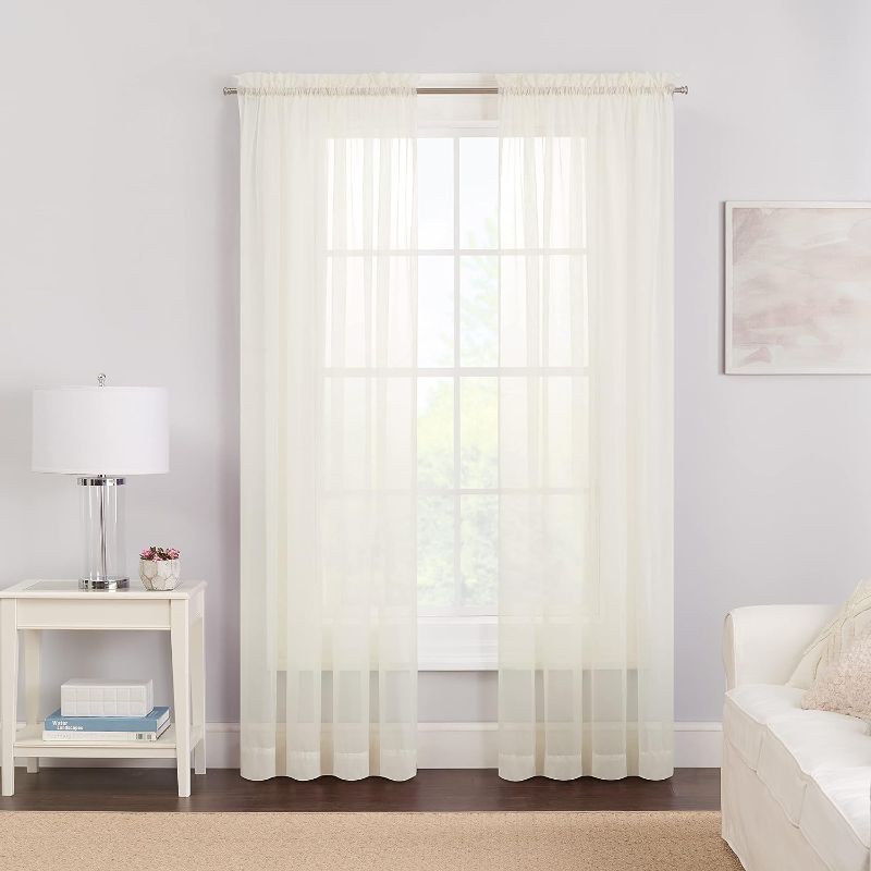 Photo 1 of Pairs to Go Victoria Voile Modern Sheer Rod Pocket Window Curtains for Living Room (2 Panels), 59 x 84 in, Ivory
