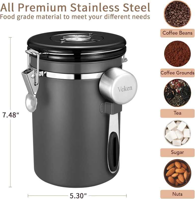 Photo 2 of Veken Coffee Canister, Airtight Stainless Steel Kitchen Food Storage Container with Date Tracker and Scoop for Grounds Coffee, Beans, Tea, Flour, Cereal, Sugar, 22OZ, Gray
