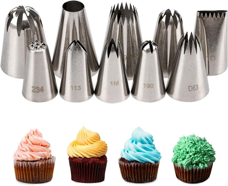 Photo 1 of Kayaso Cake Decorating Icing Piping Tip Set, 10 X-large Decorating Tips Stainless Steel Plus 20 Disposable Pastry Bags
