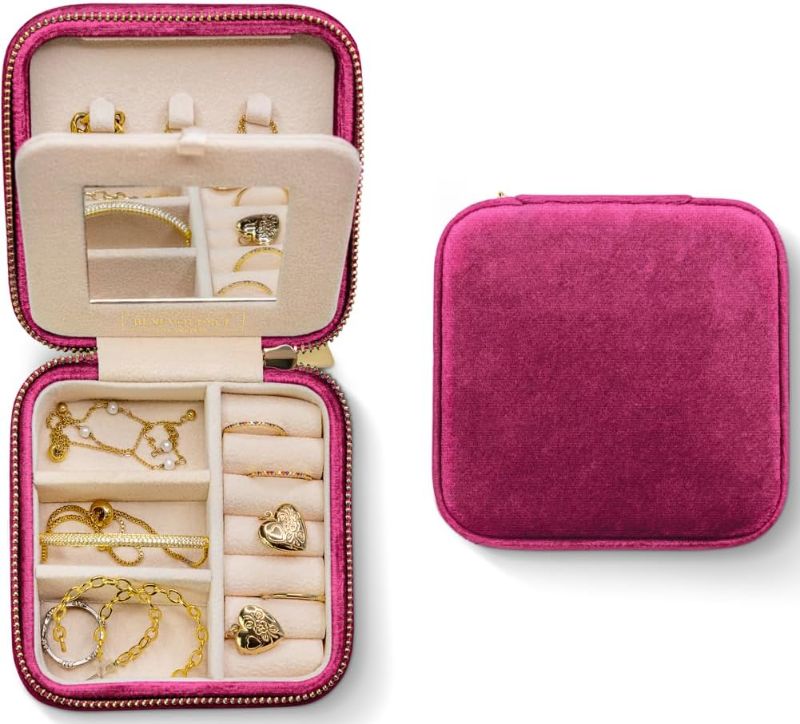 Photo 1 of Benevolence LA Plush Velvet Travel Jewelry Organizer| Travel Jewelry Case Small Jewelry Boxes for Women |Jewelry Travel Organizer, Jewelry Travel Case for Women| Earring Organizer with Mirror Magenta
