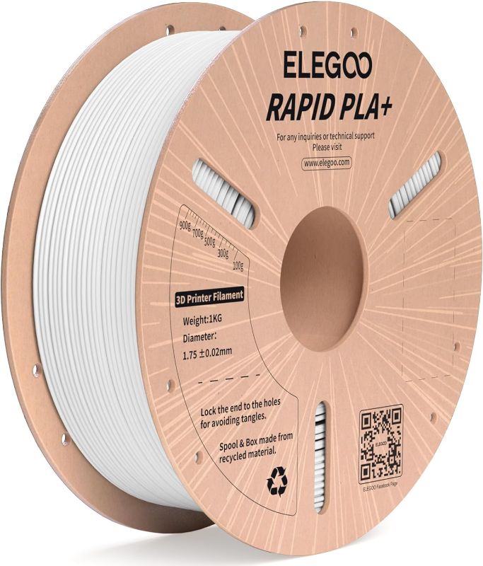 Photo 1 of ELEGOO Rapid PLA Plus Filament 1.75mm White 1KG, PLA+ 3D Printer Filament for 30-600 mm/s High Speed Printing, Dimensional Accuracy +/- 0.02 mm, 1kg Cardboard Spool(2.2lbs)
