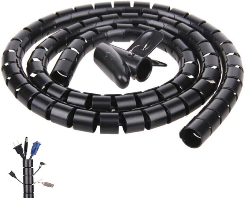 Photo 1 of Black Spiral Winding Cable Management Pipe Wire Wrap Line Coiled Tube, Flexible Cord Covered Protective Bundler Sleeve Hose for Office, Computer, TV, and Car (Length 10ft- Dia 1.1inch)
