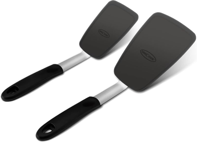 Photo 1 of Unicook 2 Pack Flexible Silicone Spatula, Turner, 600F Heat Resistant, Ideal for Flipping Eggs, Burgers, Crepes and More, Black
