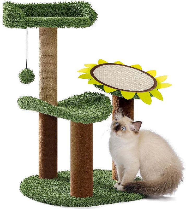 Photo 1 of Made4Pets Cactus Cat Tree, Green Cat Tower with Plush Perch for Small Indoor Kittens, Cat Scratcher with 2 Levels Platform for Kitty, Sunflower Scratching Pad and Sisal Post
