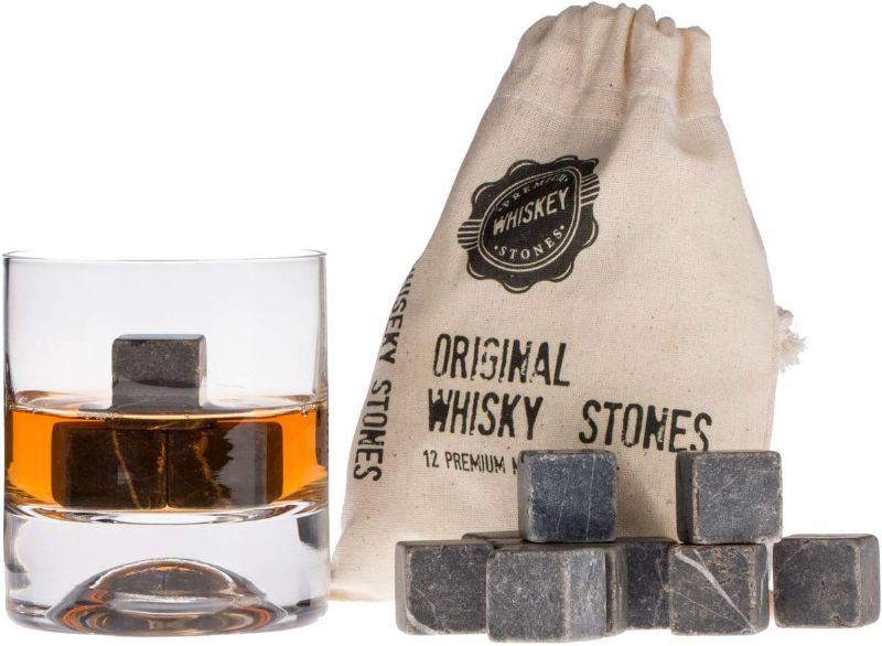 Photo 1 of Premium Whiskey Stones Gift Set with 12 Pcs Stones and Bag. Whiskey, Bourbon, Cognac, Scotch,Gin, Wine Beverage. Marble Reusable Ice Cubes. Birthday Gift for Whiskey Lovers.… (Dark Grey)
