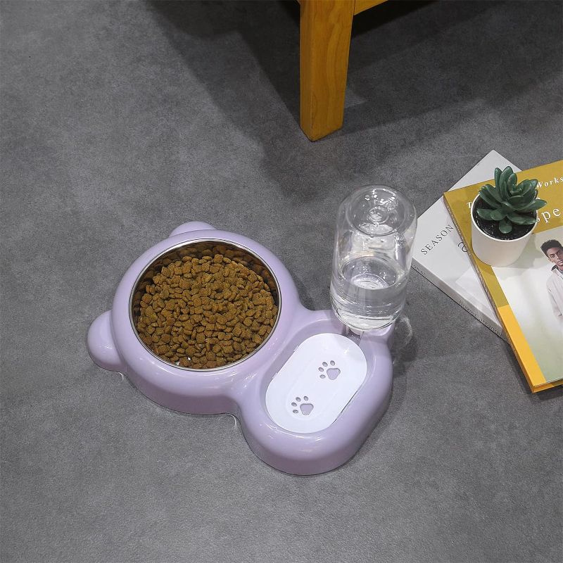 Photo 2 of Azwraith Dog Bowls, Cat Food and Water Bowl Set with Water Dispenser and Stainless Steel Bowl for Cats and Small Dogs - Purple
