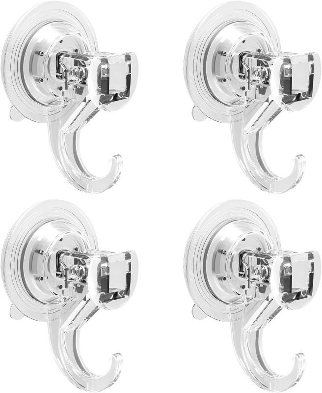 Photo 1 of Quntis Suction Cup Hooks 4 Packs, Plastic Shower Suction Hooks Clear Heavy Duty Suction Cup Wreath Hanger Waterproof Vacuum Window Suction Cups with Hooks for Bathroom Tile Glass Door Camper
