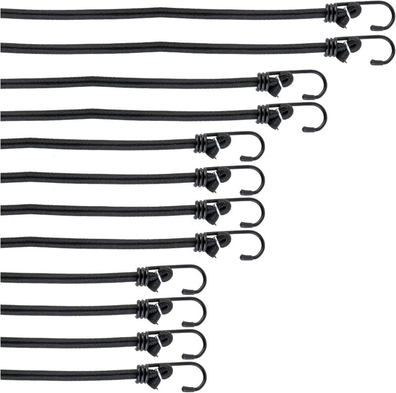 Photo 1 of PRETEX 12 Bungee Cords with Hooks - Long Cord Rope Pack in Black - Strong Elastic Tie Down Moving Straps w/Heavy Duty Hooks - Bungees Pack for Various Cargo
