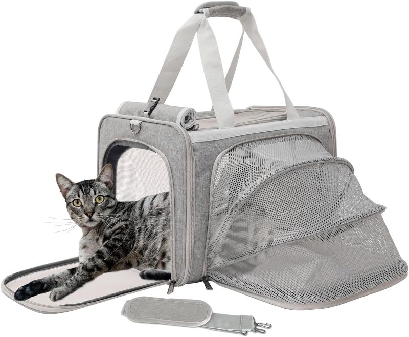 Photo 1 of PATAZONE Cat Carrier Expandable Small Dog Bag Puppy Handbag Bunny Rabbit Purse Small Animal Tote Traveling Outdoor Picnic Carry TSA Airline Approved (Light Grey)
