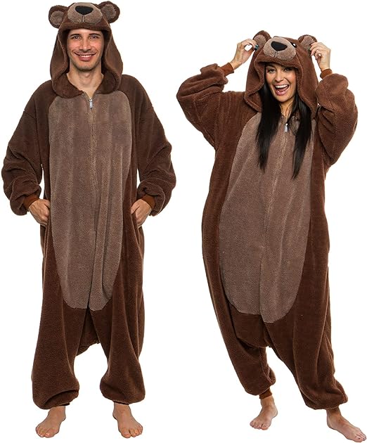 Photo 1 of Funziez! Sherpa Bear Adult Onesie - Animal Halloween Costume - Plush Teddy One Piece Cosplay Suit for Adults, Women and Men
