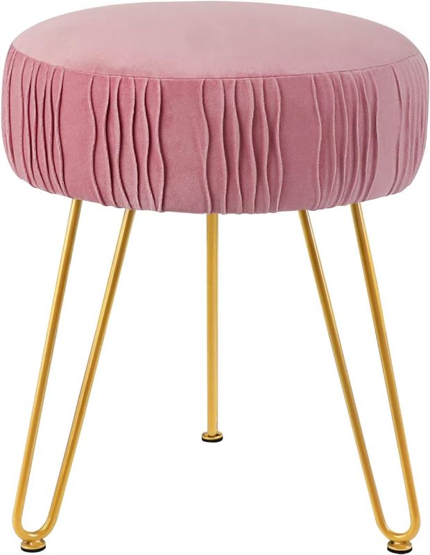 Photo 1 of GRUNEN WOLKEN Pink Velvet Footrest Multifunctional Vanity Stool Ottoman Round Modern Upholstered Foot Stool - Golden Metal Leg - Dressing Table Stool, Shoes Bench in Living Room Bedroom
