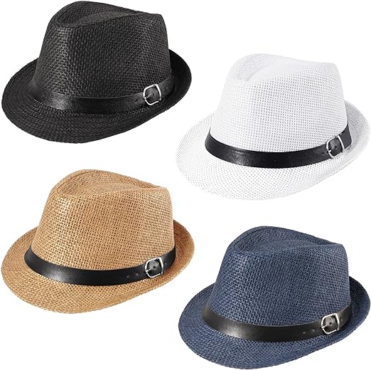 Photo 1 of Ultrafun 4 Pack Kids Fedora Hat Short Brim Straw Trilby Jazz Hat Summer Sun Beach Cap for Boys Girls 5-10 Years
