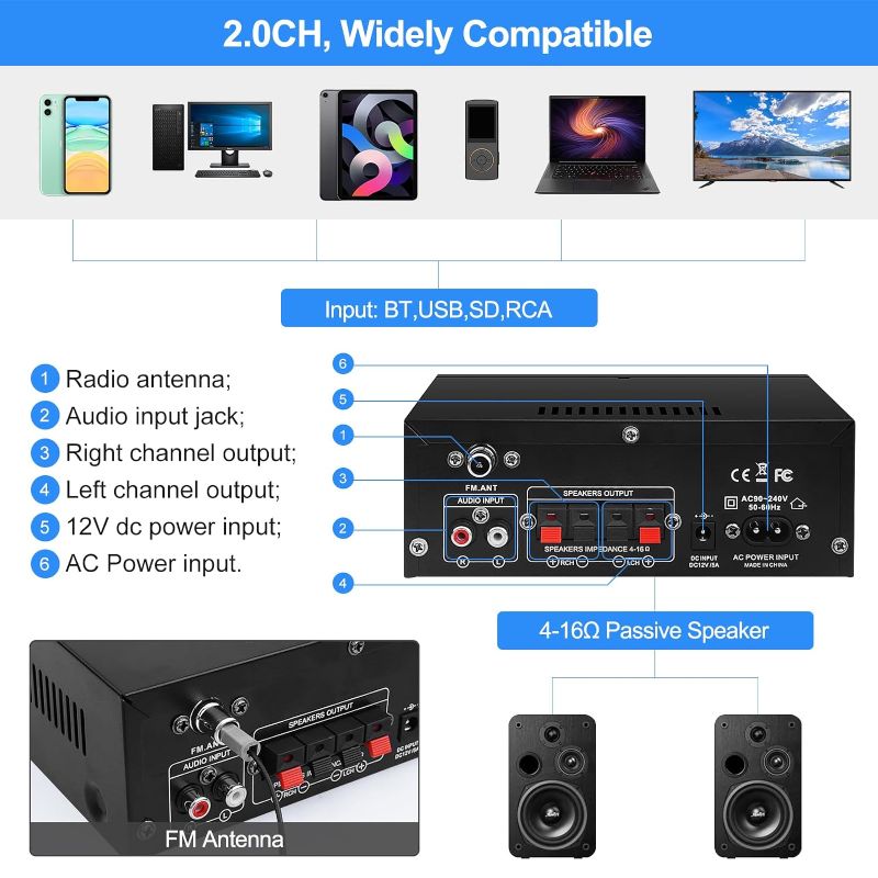 Photo 4 of Audio Amplifier Receivers-AK45 Bluetooth 5.0 HiFi Stereo Mini Power Amplifier RMS 40W x 2 Max. 400W 2.0 Channel Home Theater Audio Components Speakers Amp W/MIC,USB, RCA,FM Radio
