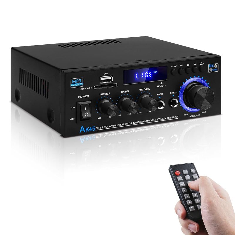 Photo 1 of Audio Amplifier Receivers-AK45 Bluetooth 5.0 HiFi Stereo Mini Power Amplifier RMS 40W x 2 Max. 400W 2.0 Channel Home Theater Audio Components Speakers Amp W/MIC,USB, RCA,FM Radio
