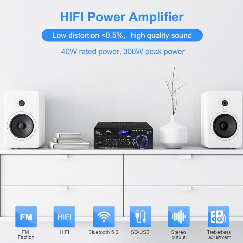 Photo 3 of Audio Amplifier Receivers-AK45 Bluetooth 5.0 HiFi Stereo Mini Power Amplifier RMS 40W x 2 Max. 400W 2.0 Channel Home Theater Audio Components Speakers Amp W/MIC,USB, RCA,FM Radio
