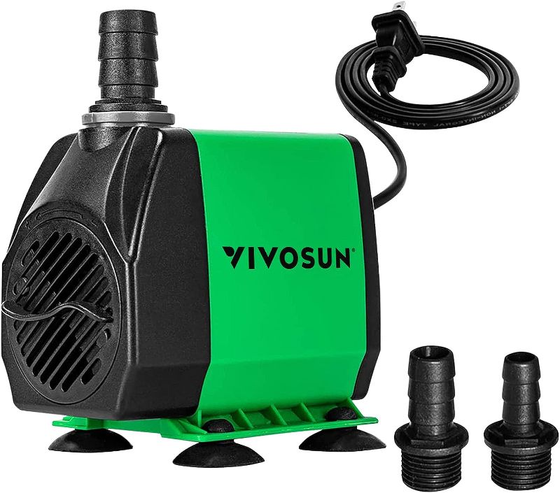 Photo 1 of VIVOSUN 800GPH Submersible Pump(3000L/H, 24W), Ultra Quiet Water Fountain Pump with 10ft. High Lift with 6.5ft. Power Cord, 3 Nozzles for Fish Tank, Pond, Aquarium, Statuary, Hydroponics Green
