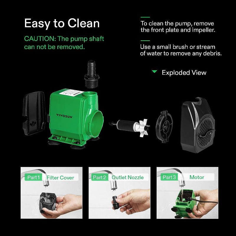 Photo 3 of VIVOSUN 800GPH Submersible Pump(3000L/H, 24W), Ultra Quiet Water Fountain Pump with 10ft. High Lift with 6.5ft. Power Cord, 3 Nozzles for Fish Tank, Pond, Aquarium, Statuary, Hydroponics Green
