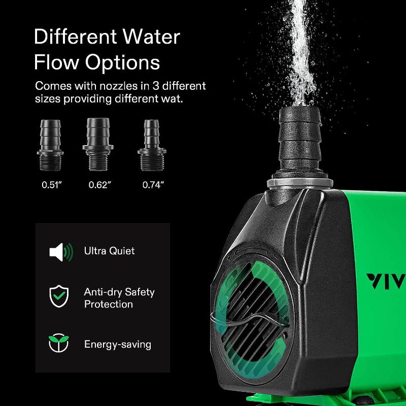 Photo 4 of VIVOSUN 800GPH Submersible Pump(3000L/H, 24W), Ultra Quiet Water Fountain Pump with 10ft. High Lift with 6.5ft. Power Cord, 3 Nozzles for Fish Tank, Pond, Aquarium, Statuary, Hydroponics Green
