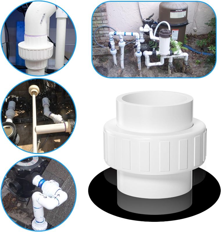 Photo 4 of 2Inch PVC Union Coupling, 2PCS Furniture Grade PVC Union Pipe Fittings with EPDM O-Ring, White Slip PVC Union Coupling Adapter Schedule 40 for Irrigation, Pool & Spa System, indoor Plumbing Project

