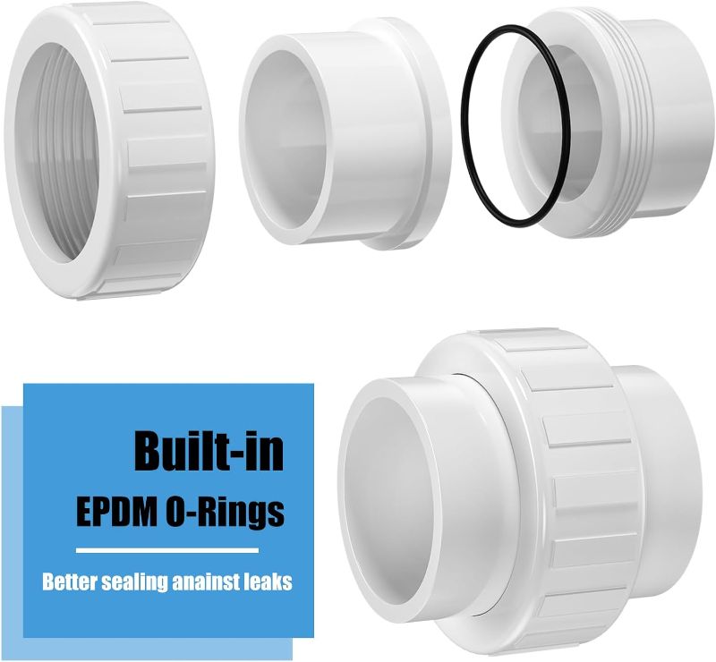 Photo 3 of 2Inch PVC Union Coupling, 2PCS Furniture Grade PVC Union Pipe Fittings with EPDM O-Ring, White Slip PVC Union Coupling Adapter Schedule 40 for Irrigation, Pool & Spa System, indoor Plumbing Project
