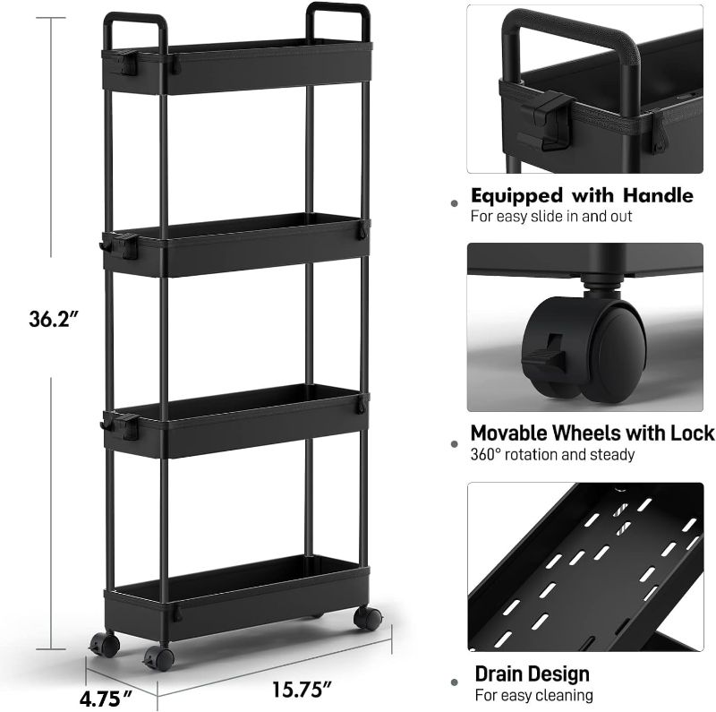 Photo 2 of SOLEJAZZ Slim Storage Cart, 4 Tier Bathroom Organizer Mobile Shelving Unit, Rolling Utility Cart Slide Out Organizer for Kitchen, Bathroom, Laundry, Narrow Places, Black
