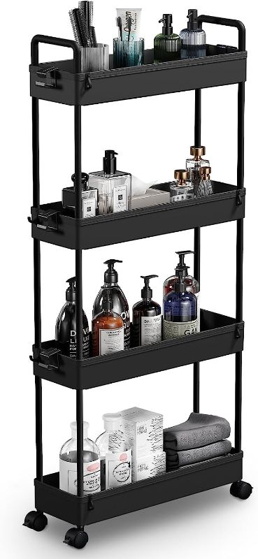 Photo 1 of SOLEJAZZ Slim Storage Cart, 4 Tier Bathroom Organizer Mobile Shelving Unit, Rolling Utility Cart Slide Out Organizer for Kitchen, Bathroom, Laundry, Narrow Places, Black
